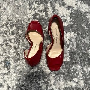 Red Jessica Simpson peep toe heels